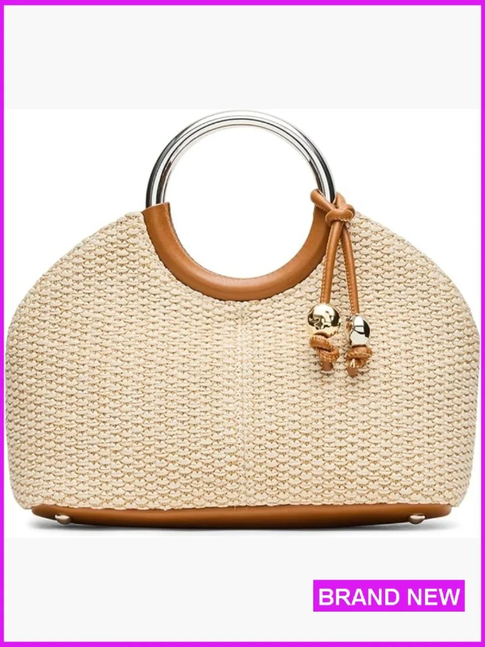 O-Ring Top Handle Bag Straw Crossbody Straw Bag Summer Straw Handbag Shoulder - Picture 1 of 5